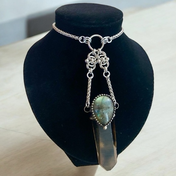 labradorite & Smokey crystal quartz maille stainless steel boho goth necklace - Picture 6 of 15